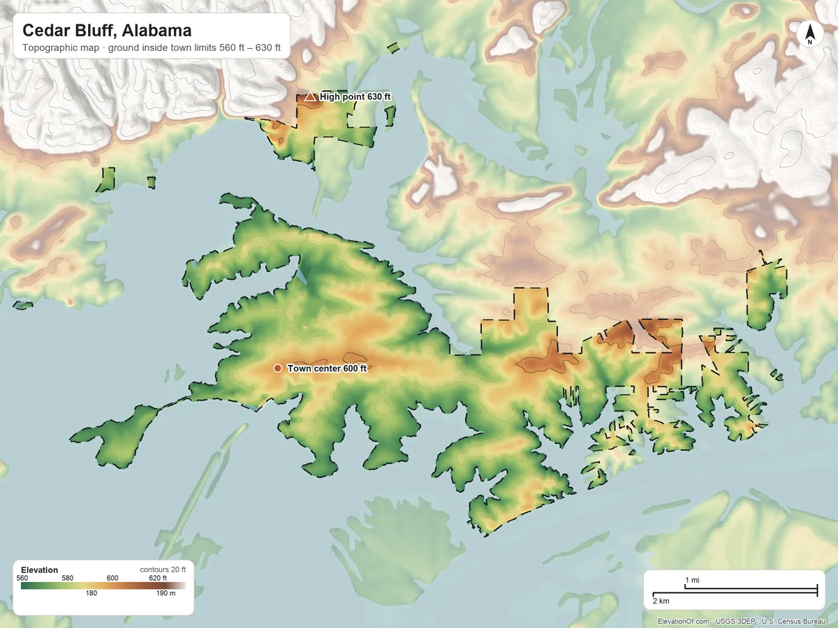 Topographic elevation map of Cedar Bluff, Alabama, shaded from 560 ft on the southwest side to 630 ft on the north edge, below higher ground just outside