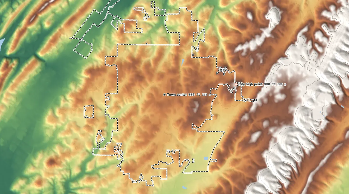 Topographic elevation map of Center Point, Alabama, shaded from 620 ft on the northwest side to 980 ft on the east side