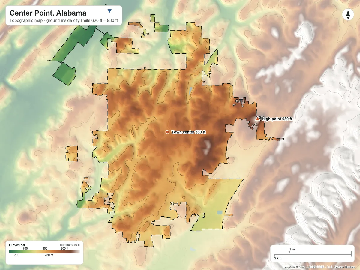 Topographic elevation map of Center Point, Alabama, shaded from 620 ft on the northwest side to 980 ft on the east side