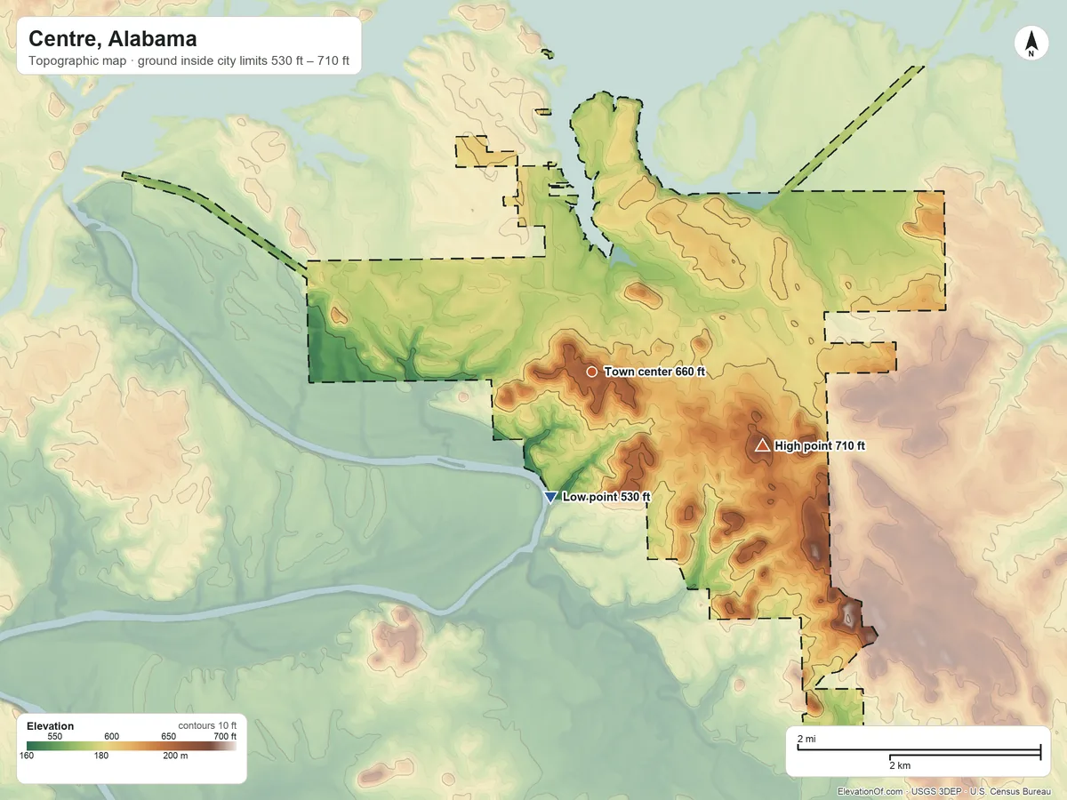 Topographic elevation map of Centre, Alabama, shaded from 530 ft on the south side to 710 ft on the southeast side