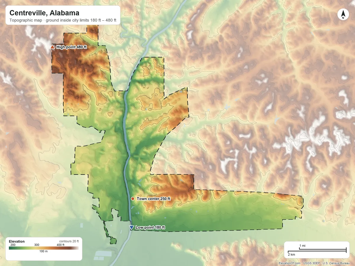 Topographic elevation map of Centreville, Alabama, shaded from 180 ft near the middle to 480 ft on the northwest side