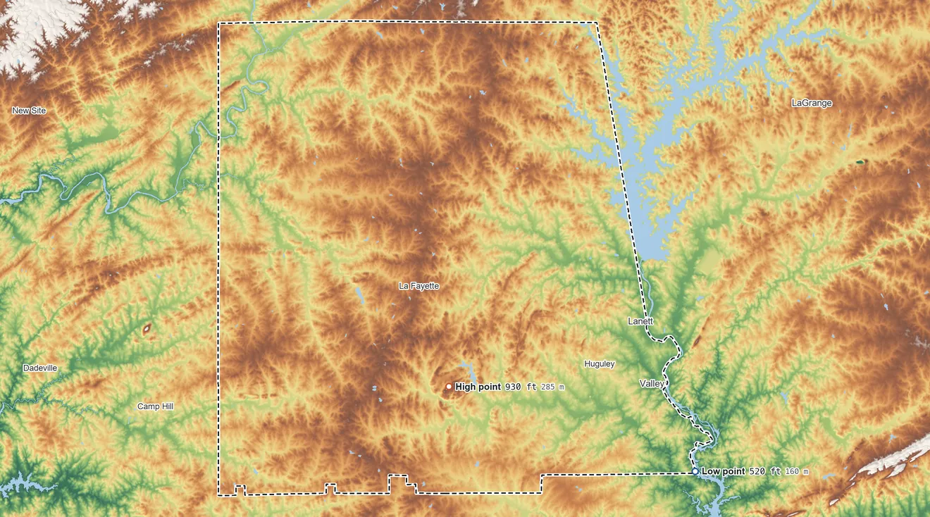 Topographic elevation map of Chambers County, Alabama, shaded from 520 ft on the southeast side to 930 ft on the south side