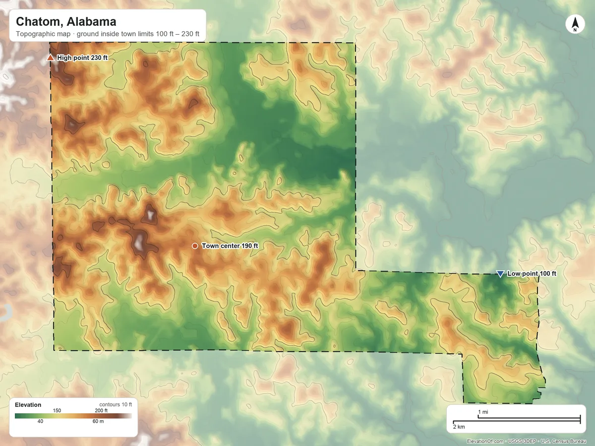 Topographic elevation map of Chatom, Alabama, shaded from 100 ft on the east side to 230 ft on the northwest side