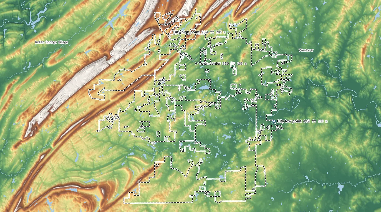 Topographic elevation map of Chelsea, Alabama, shaded from 440 ft on the southeast side to 930 ft on the northwest edge, below higher ground just outside