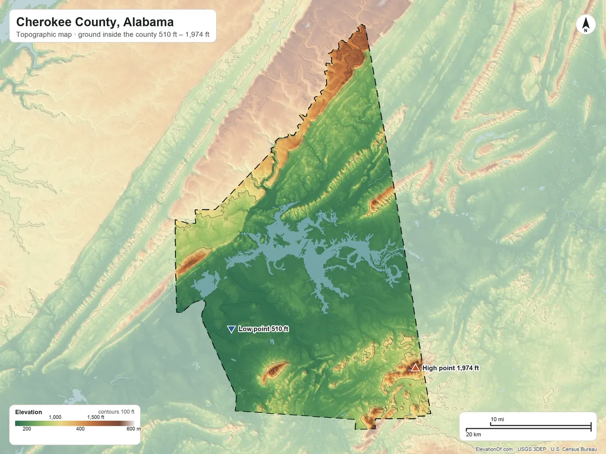 Topographic elevation map of Cherokee County, Alabama, shaded from 510 ft on the southwest side to 1,974 ft on Flagpole Mountain