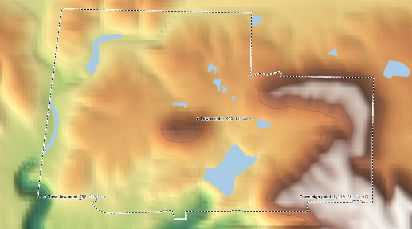 Topographic elevation map of Cherokee Ridge, Alabama, shaded from 750 ft on the southwest side to 1,110 ft on the southeast side