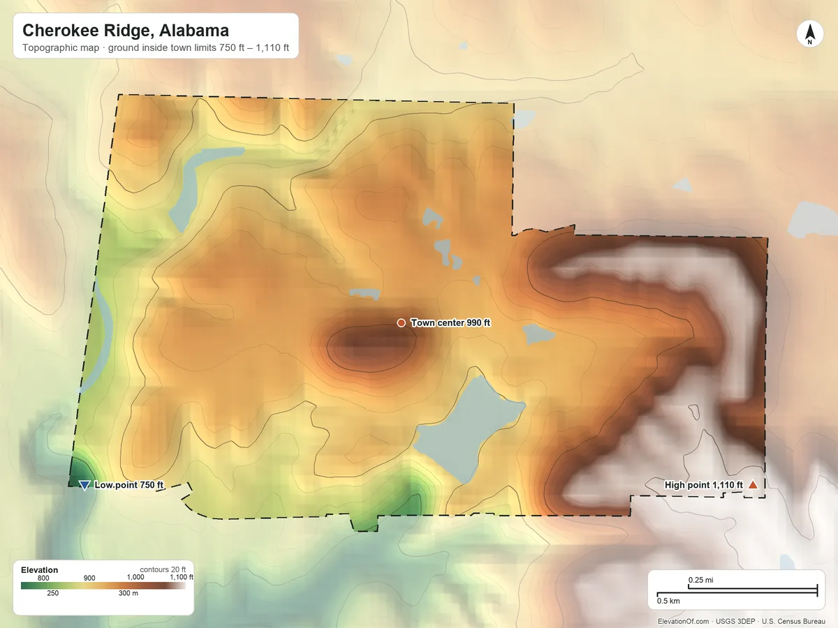 Topographic elevation map of Cherokee Ridge, Alabama, shaded from 750 ft on the southwest side to 1,110 ft on the southeast side