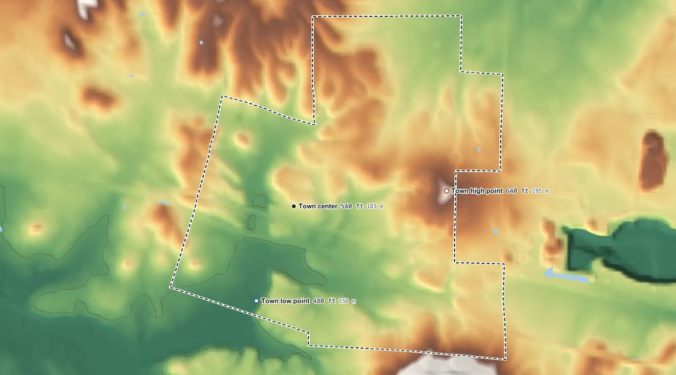 Topographic elevation map of Cherokee, Alabama, shaded from 480 ft on the south side to 640 ft on the east side