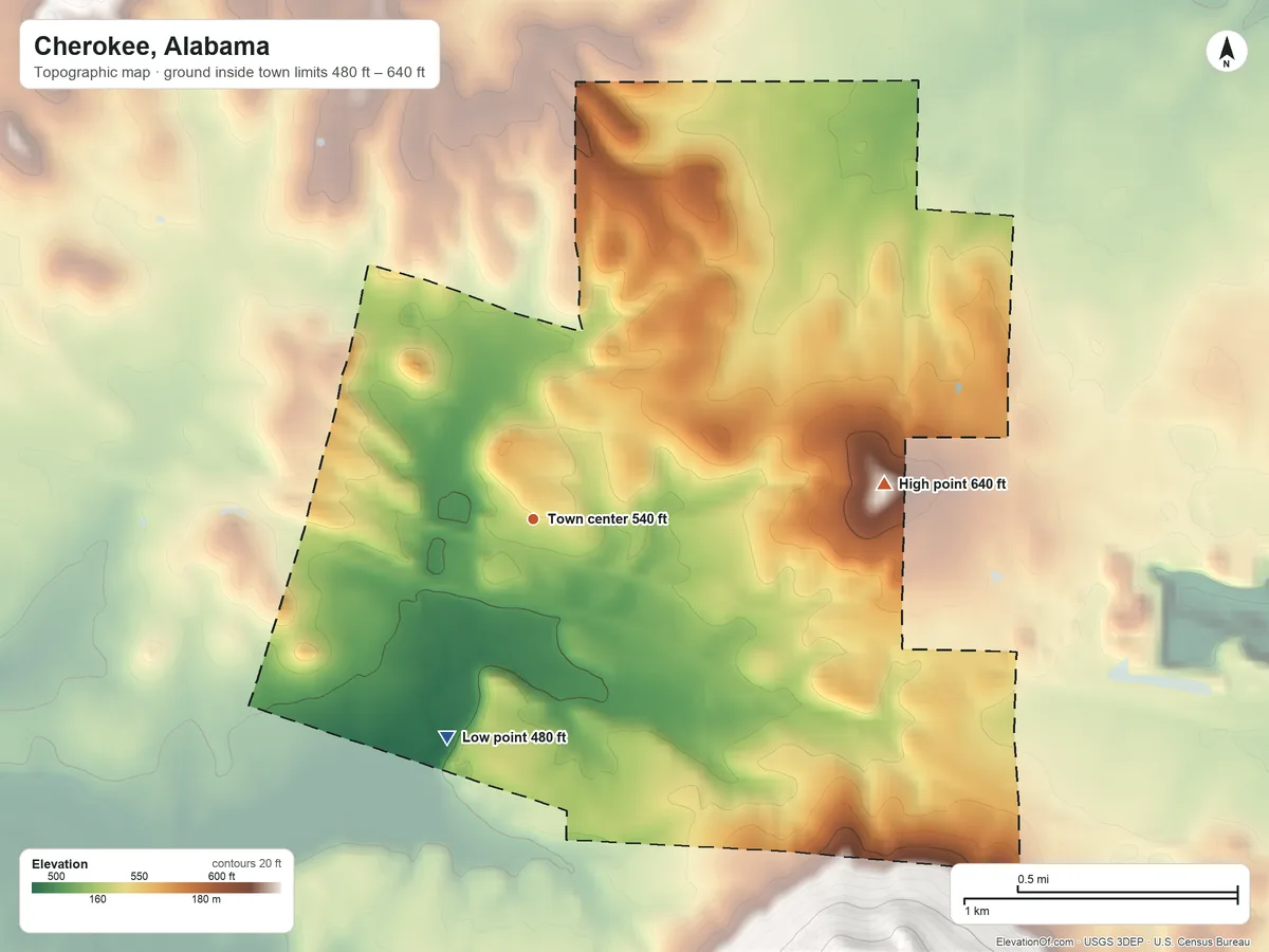 Topographic elevation map of Cherokee, Alabama, shaded from 480 ft on the south side to 640 ft on the east side
