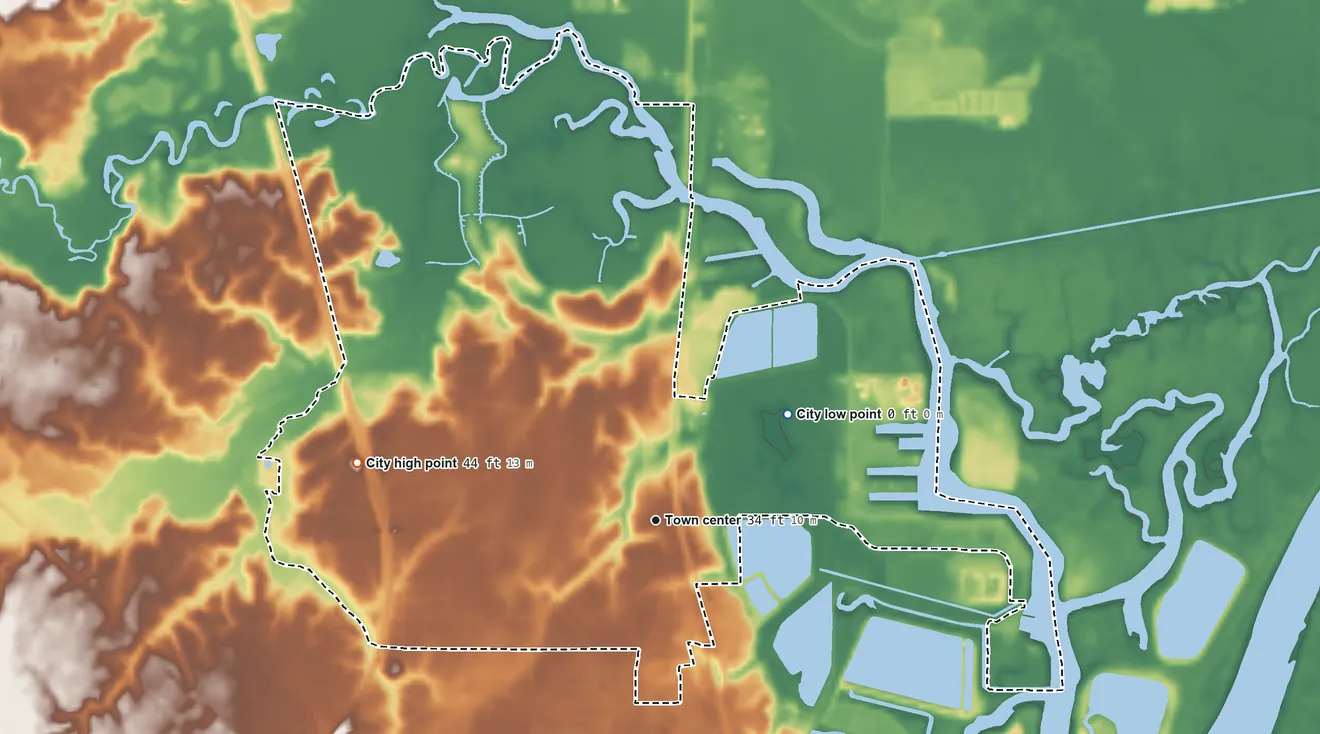 Topographic elevation map of Chickasaw, Alabama, shaded from 0 ft on the northeast side to 44 ft on the west side