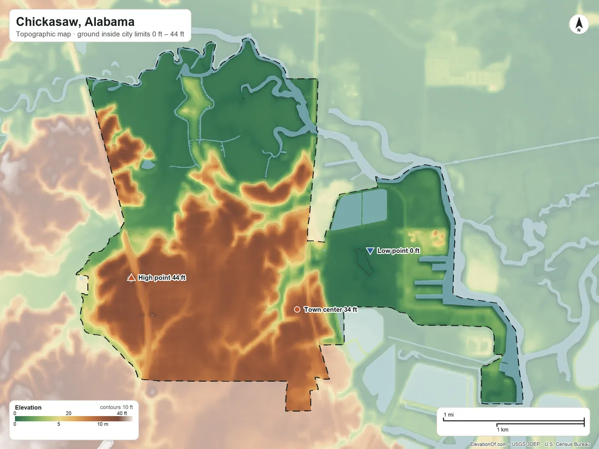 Topographic elevation map of Chickasaw, Alabama, shaded from 0 ft on the northeast side to 44 ft on the west side