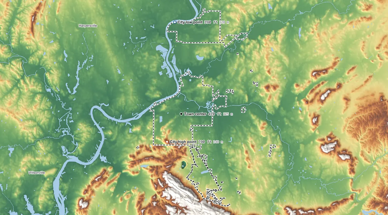 Topographic elevation map of Childersburg, Alabama, shaded from 390 ft on the north side to 790 ft on the southwest side