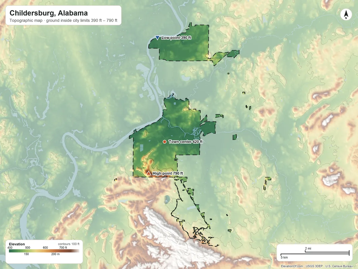 Topographic elevation map of Childersburg, Alabama, shaded from 390 ft on the north side to 790 ft on the southwest side