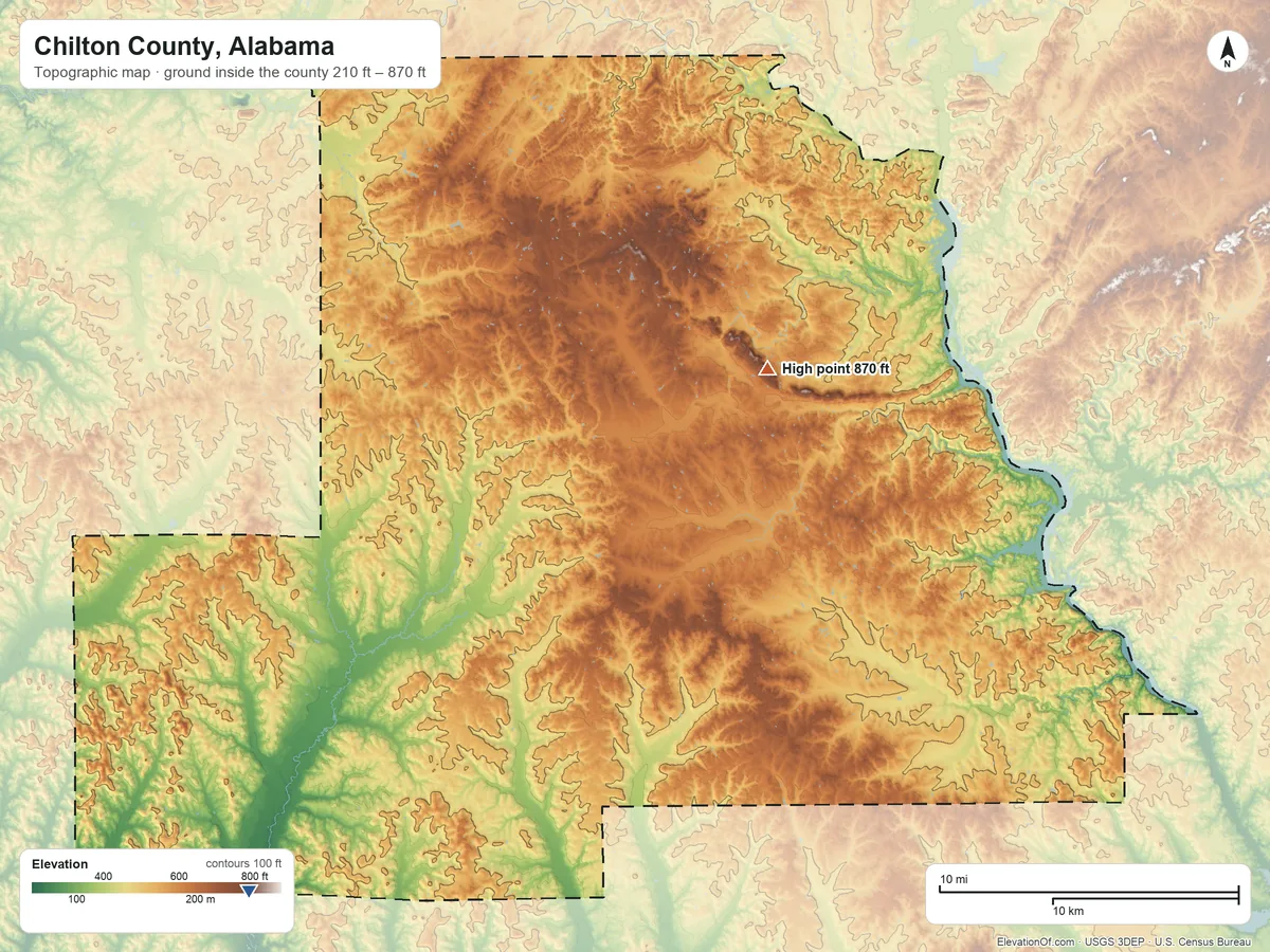 Topographic elevation map of Chilton County, Alabama, shaded from 210 ft on the southwest side to 870 ft on the northeast side