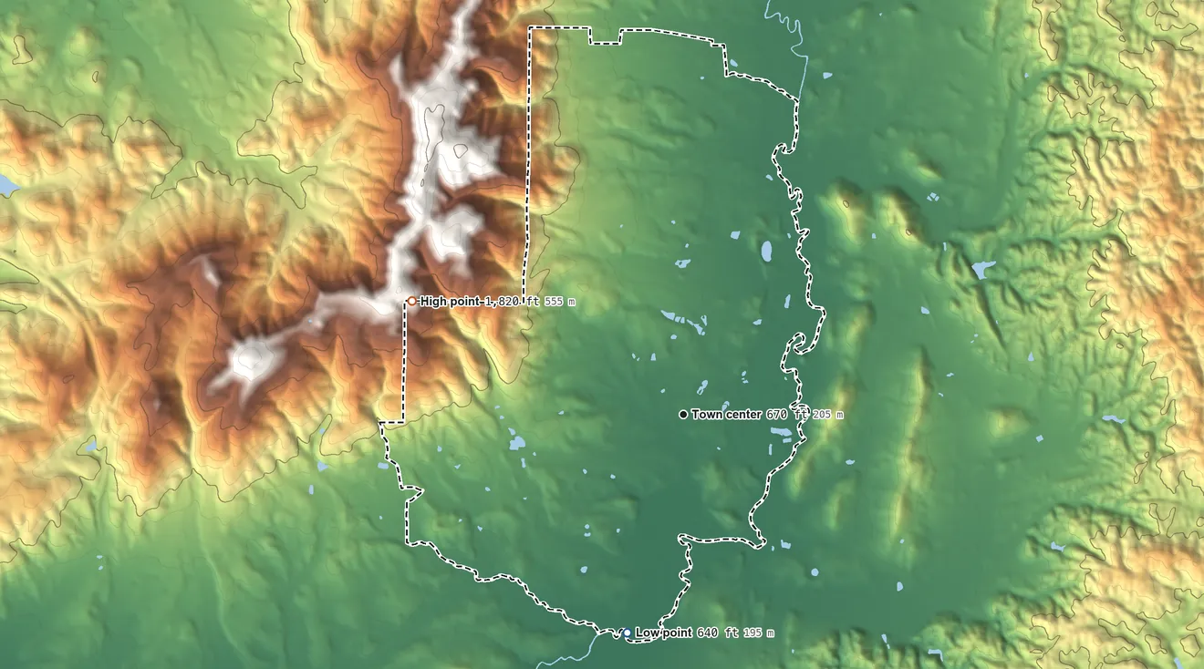Topographic elevation map of Choccolocco, Alabama, shaded from 640 ft on the south side to 1,820 ft on the northwest edge, below higher ground just outside