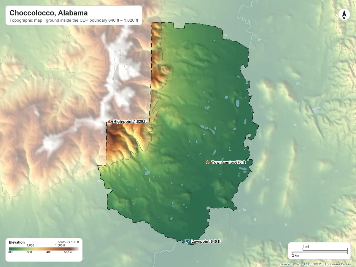 Topographic elevation map of Choccolocco, Alabama, shaded from 640 ft on the south side to 1,820 ft on the northwest edge, below higher ground just outside