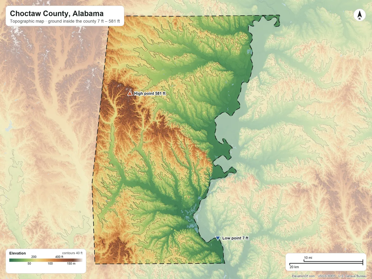 Topographic elevation map of Choctaw County, Alabama, shaded from 7 ft on the south side to 581 ft on Scott Mountain