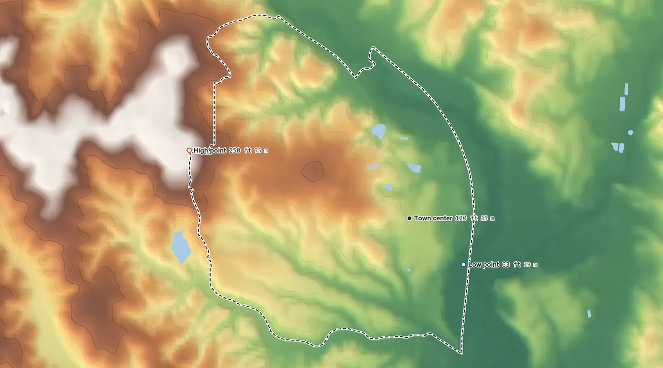 Topographic elevation map of Chunchula, Alabama, shaded from 63 ft on the southeast side to 250 ft on the west side