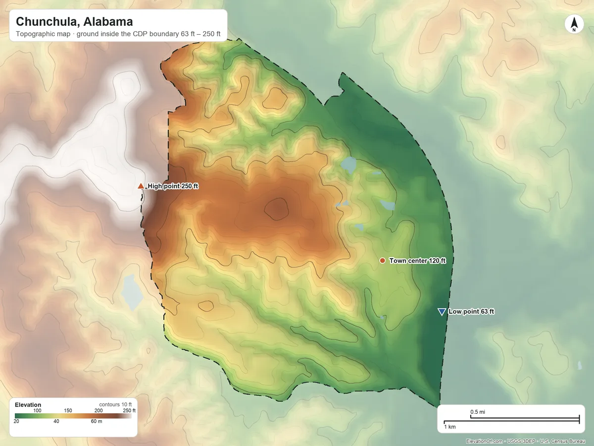 Topographic elevation map of Chunchula, Alabama, shaded from 63 ft on the southeast side to 250 ft on the west side