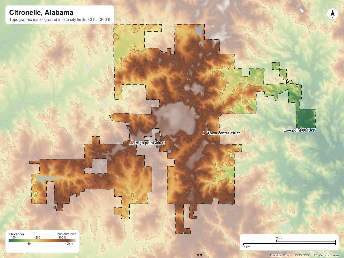 Topographic elevation map of Citronelle, Alabama, shaded from 80 ft on the east side to 360 ft on the west side