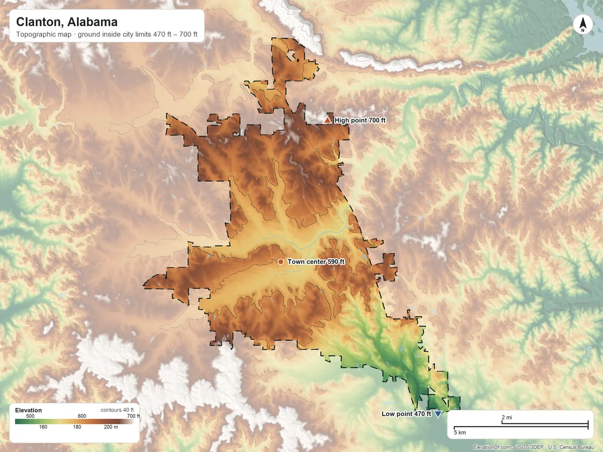Topographic elevation map of Clanton, Alabama, shaded from 470 ft on the southeast side to 700 ft on the north side
