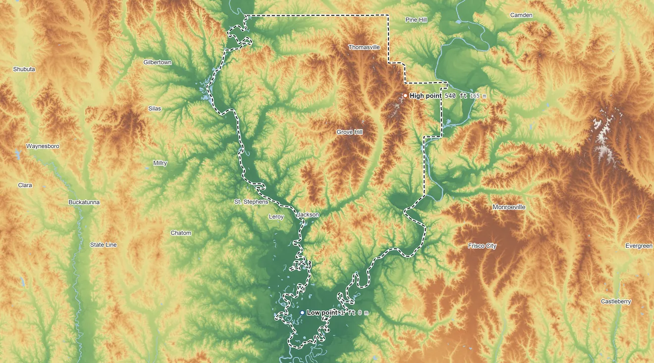 Topographic elevation map of Clarke County, Alabama, shaded from 1 ft on the south side to 540 ft on the northeast side