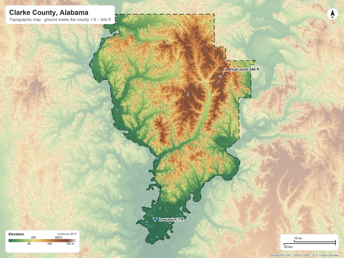 Topographic elevation map of Clarke County, Alabama, shaded from 1 ft on the south side to 540 ft on the northeast side