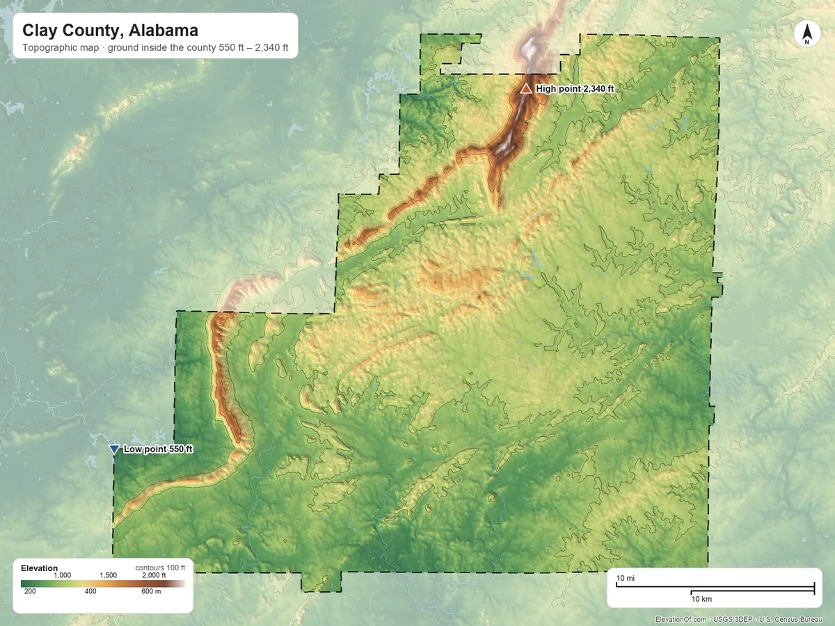Topographic elevation map of Clay County, Alabama, shaded from 550 ft on the southwest side to 2,340 ft on Hernandez Peak