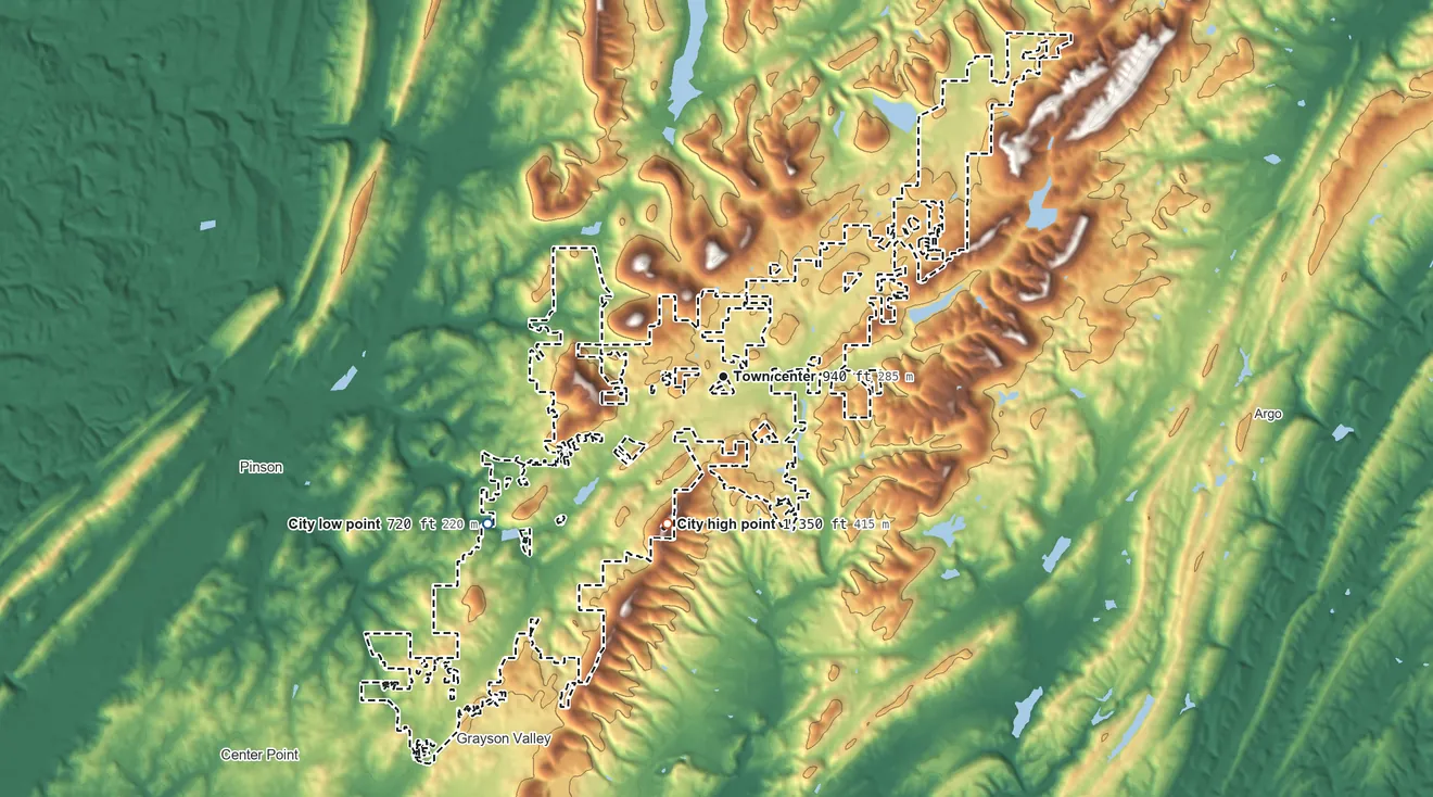 Topographic elevation map of Clay, Alabama, shaded from 720 ft on the southwest side to 1,350 ft on the south side