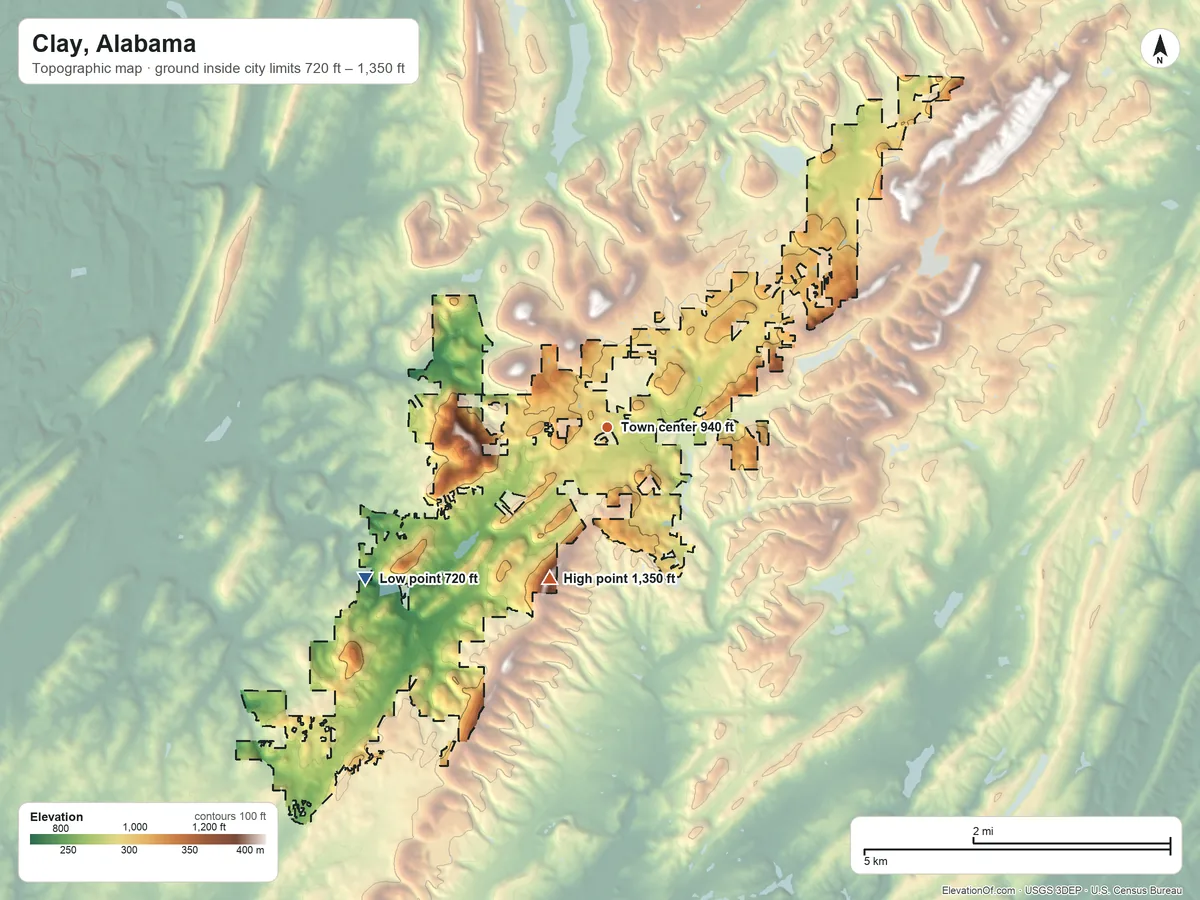 Topographic elevation map of Clay, Alabama, shaded from 720 ft on the southwest side to 1,350 ft on the south side