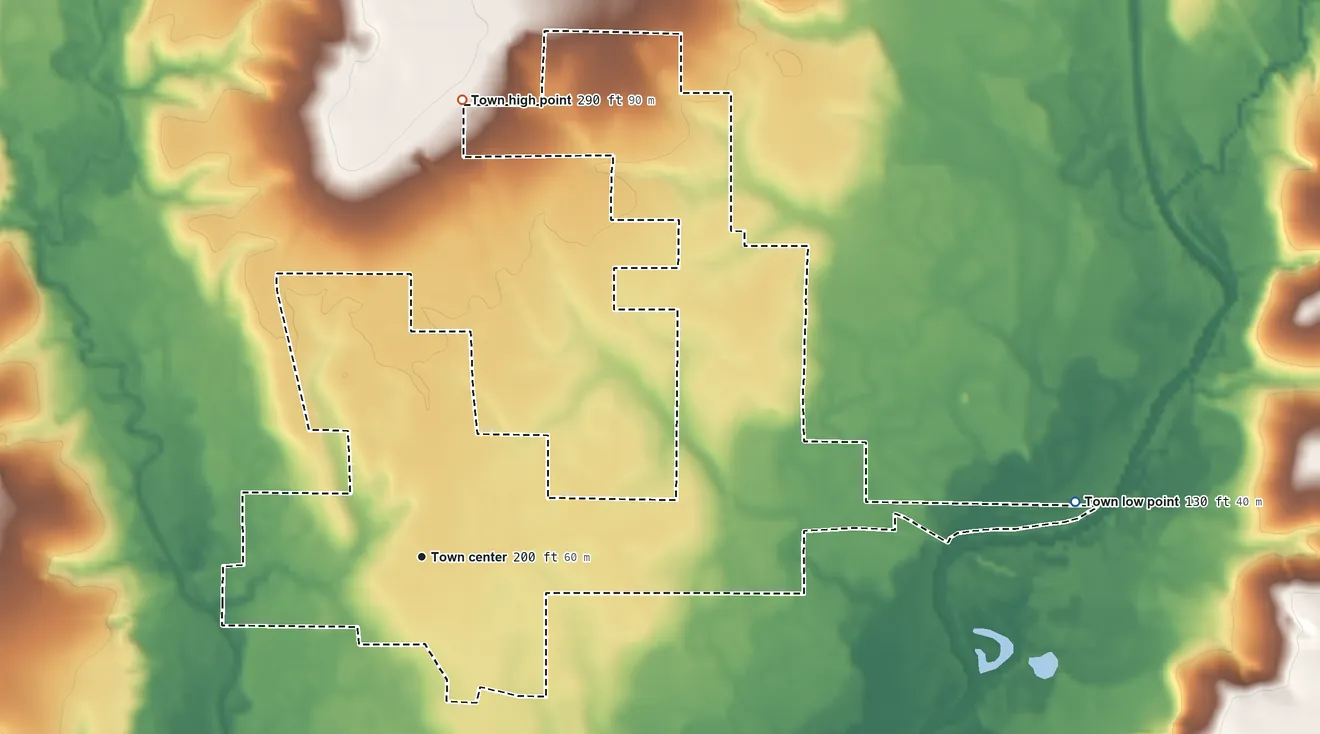 Topographic elevation map of Clayhatchee, Alabama, shaded from 130 ft on the east side to 290 ft on the north side