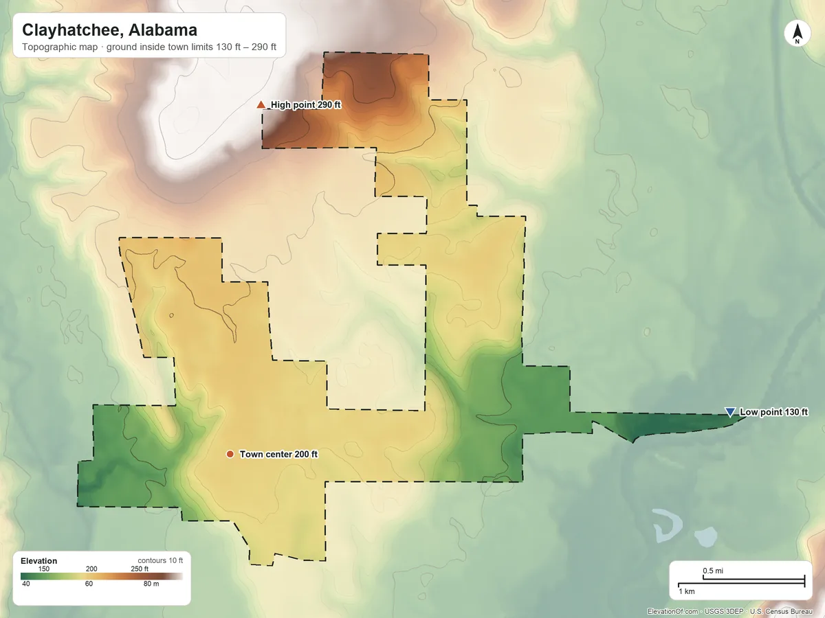 Topographic elevation map of Clayhatchee, Alabama, shaded from 130 ft on the east side to 290 ft on the north side