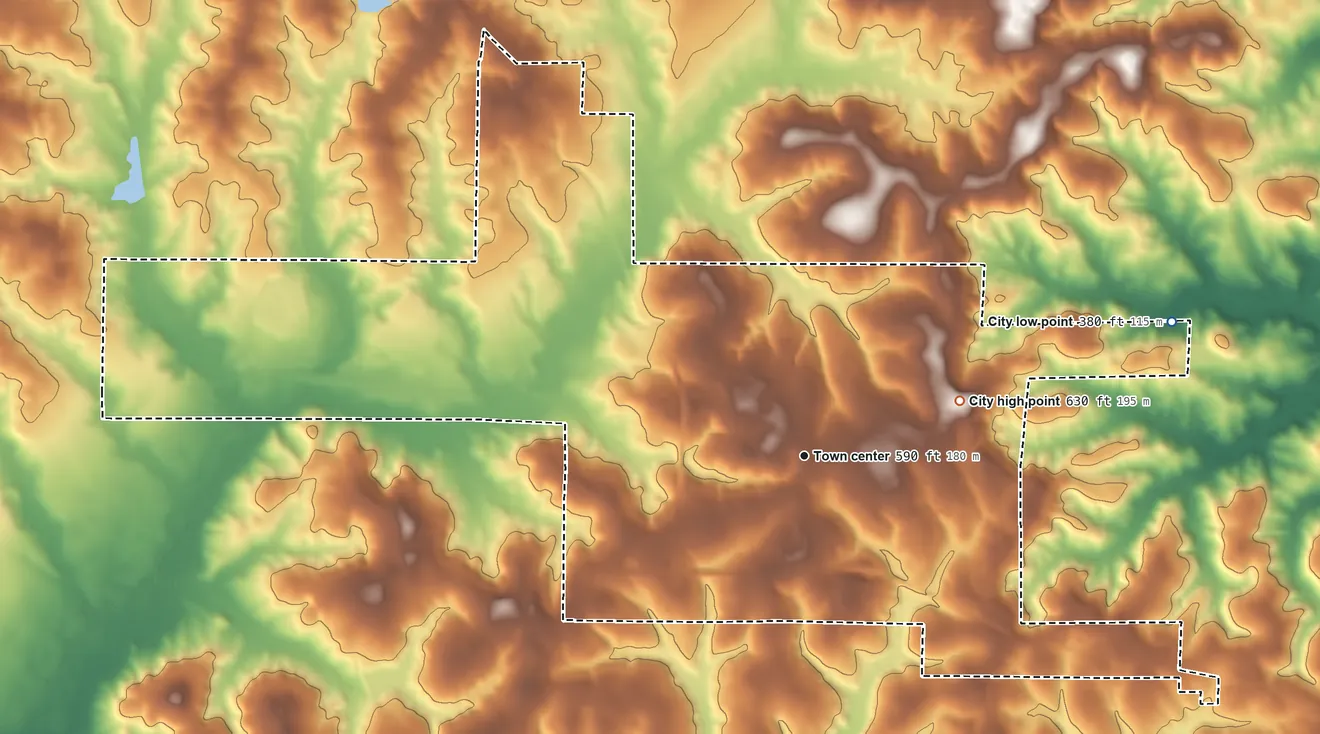 Topographic elevation map of Clayton, Alabama, shaded from 380 ft on the east side to 630 ft on the east side
