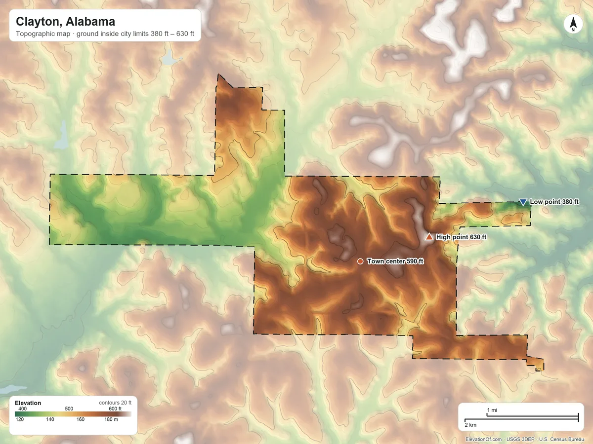 Topographic elevation map of Clayton, Alabama, shaded from 380 ft on the east side to 630 ft on the east side