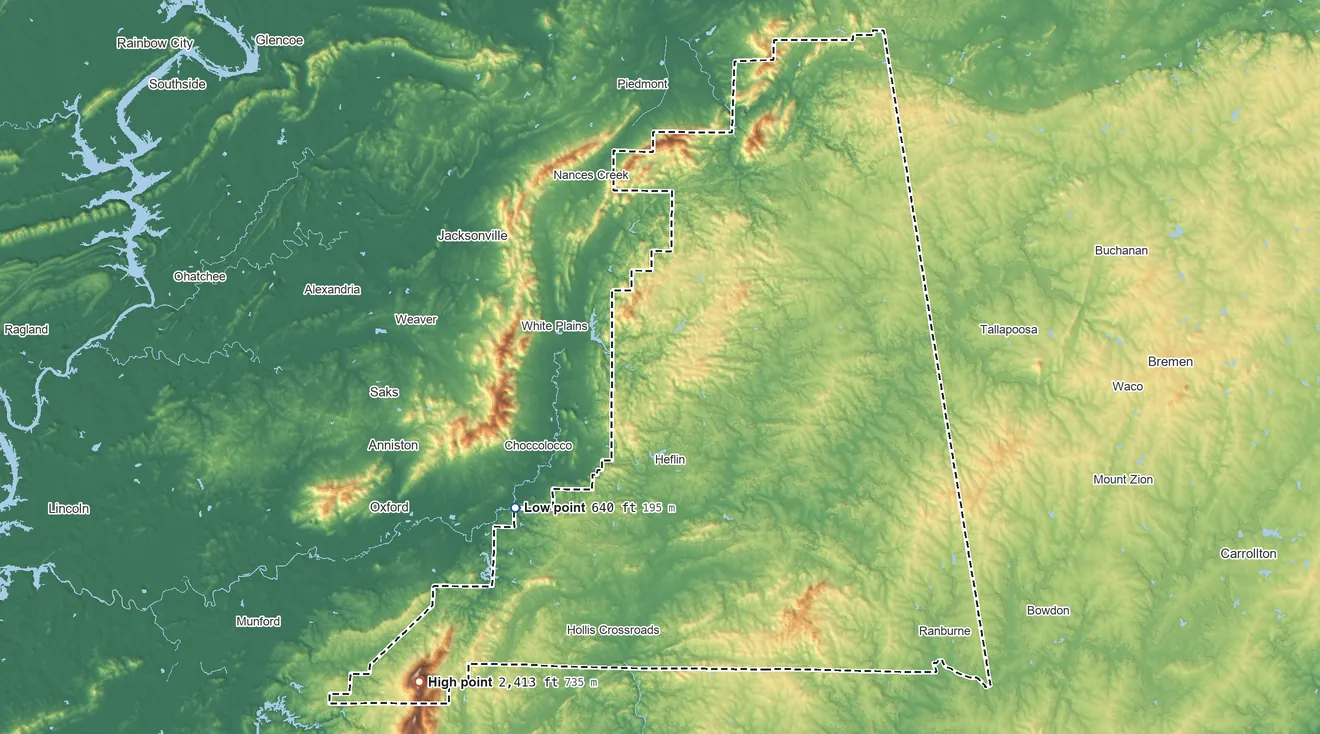 Topographic elevation map of Cleburne County, Alabama, shaded from 640 ft on the southwest side to 2,413 ft on Cheaha Mountain