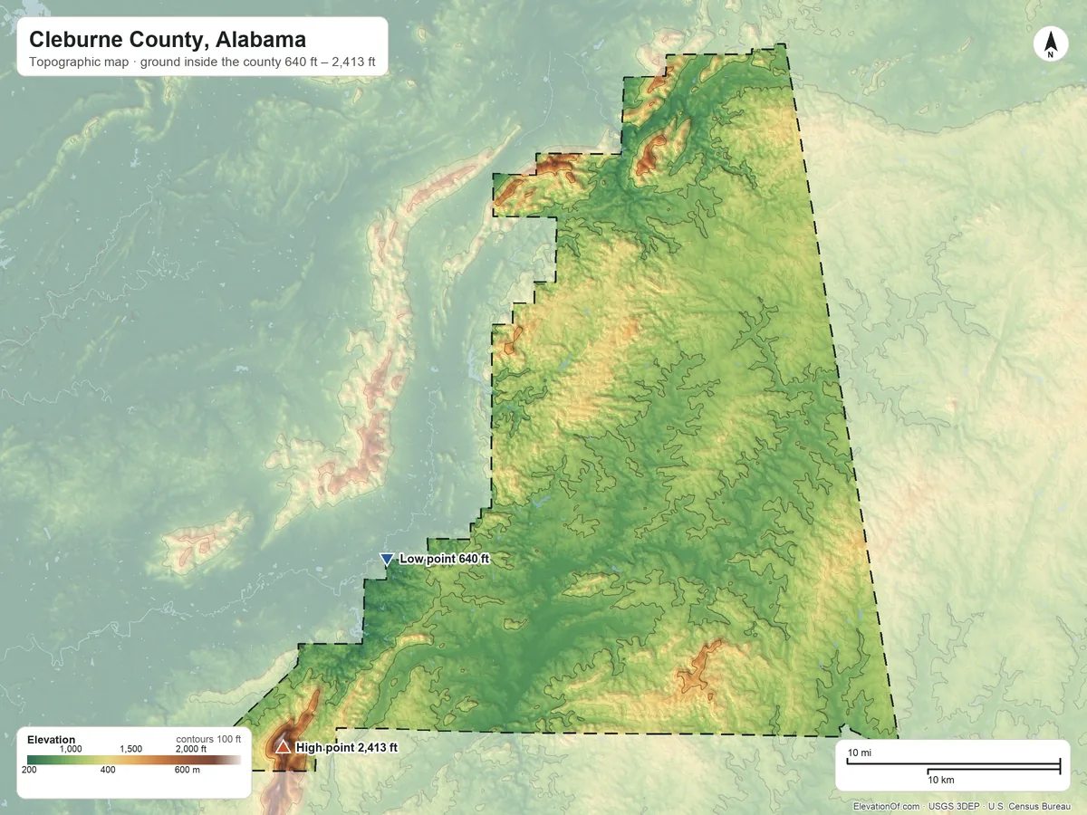 Topographic elevation map of Cleburne County, Alabama, shaded from 640 ft on the southwest side to 2,413 ft on Cheaha Mountain