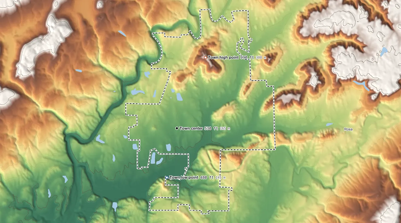 Topographic elevation map of Cleveland, Alabama, shaded from 480 ft on the south side to 990 ft on the north side