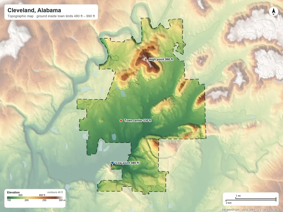 Topographic elevation map of Cleveland, Alabama, shaded from 480 ft on the south side to 990 ft on the north side