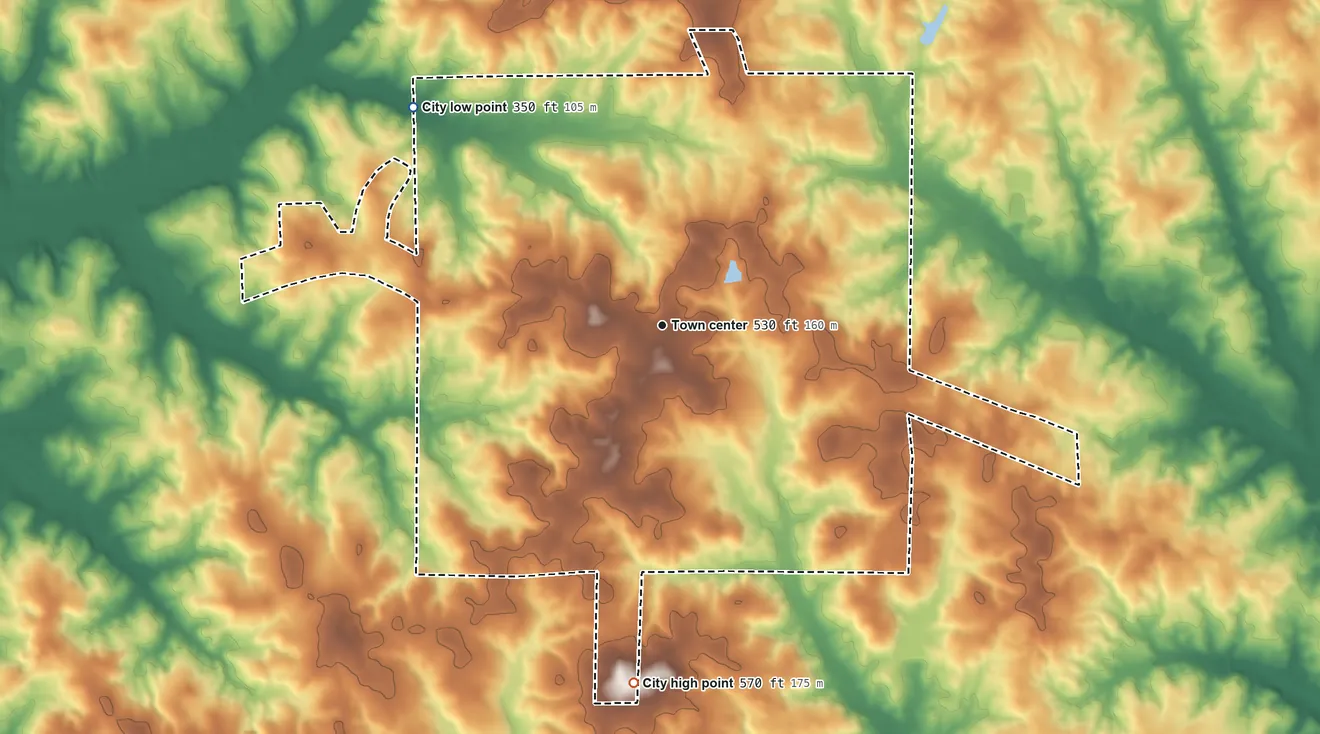 Topographic elevation map of Clio, Alabama, shaded from 350 ft on the northwest side to 570 ft on the south side