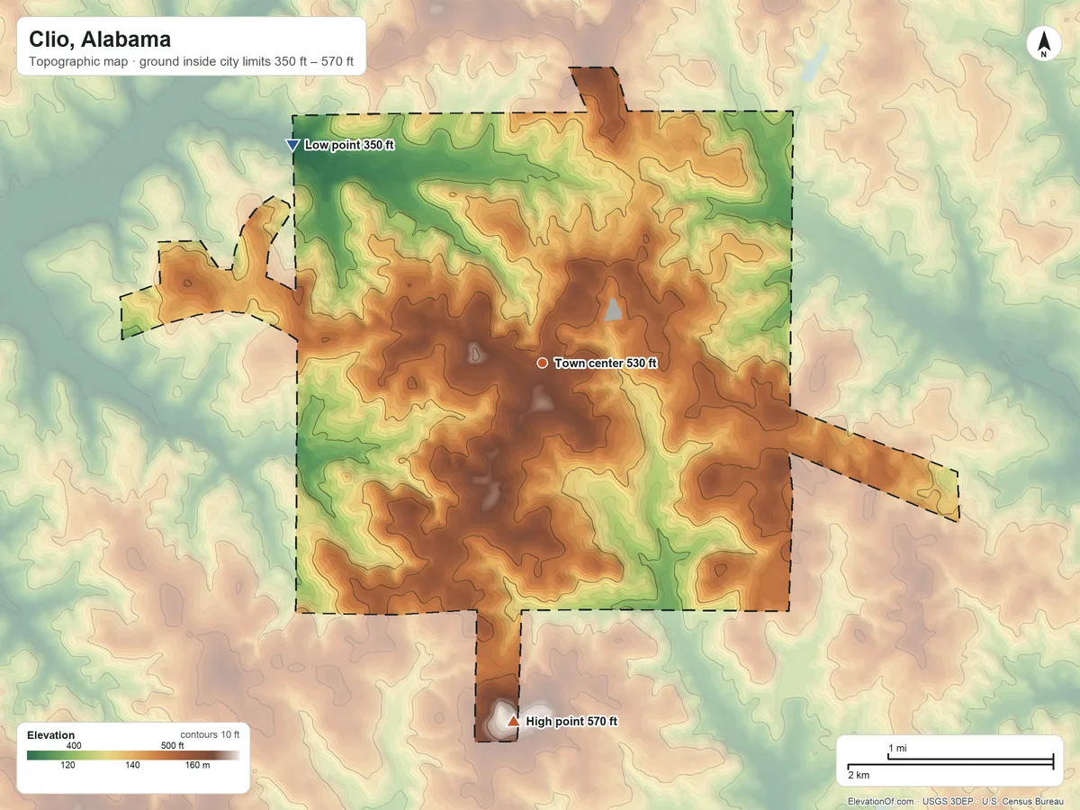 Topographic elevation map of Clio, Alabama, shaded from 350 ft on the northwest side to 570 ft on the south side