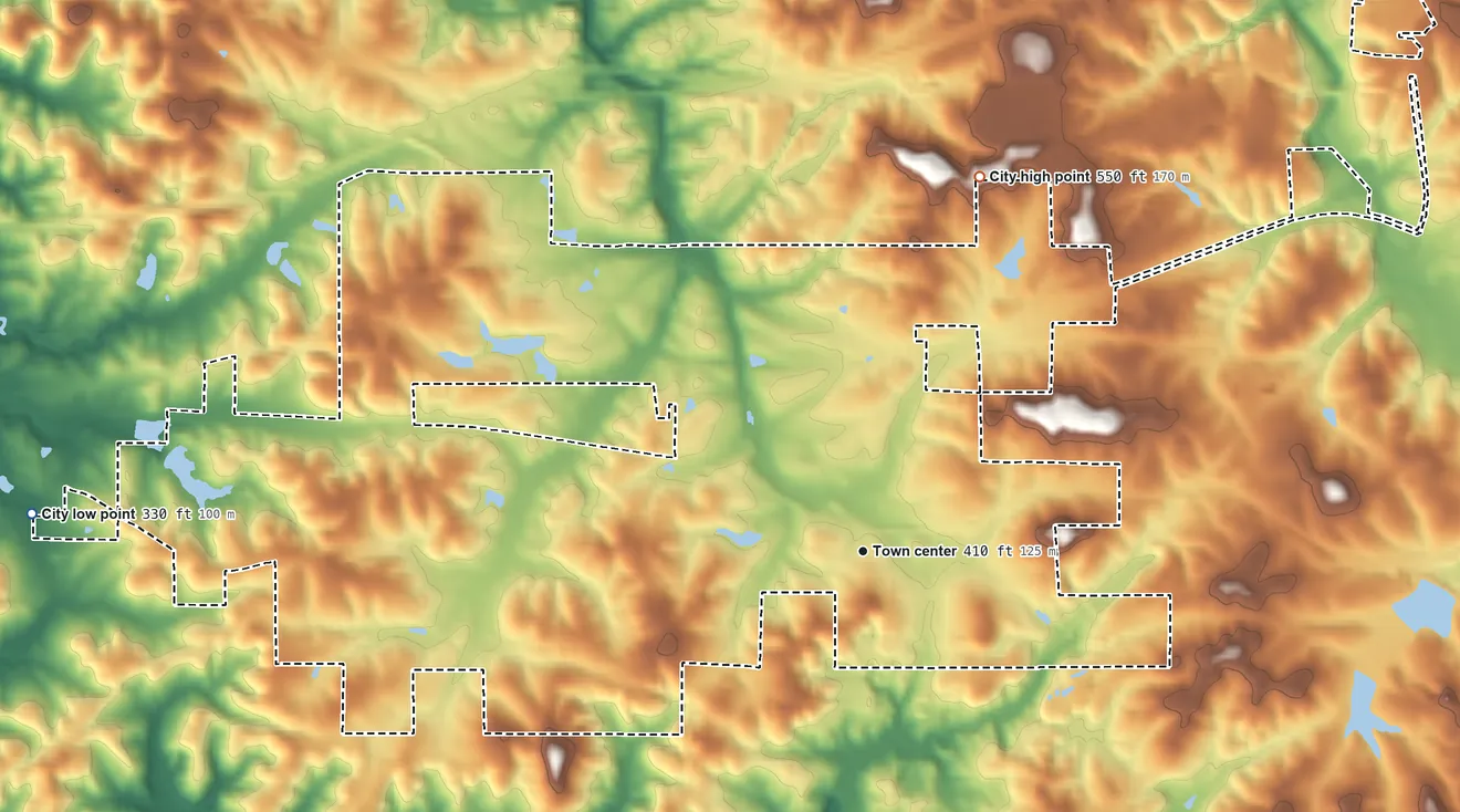 Topographic elevation map of Coaling, Alabama, shaded from 330 ft on the west side to 550 ft on the north side