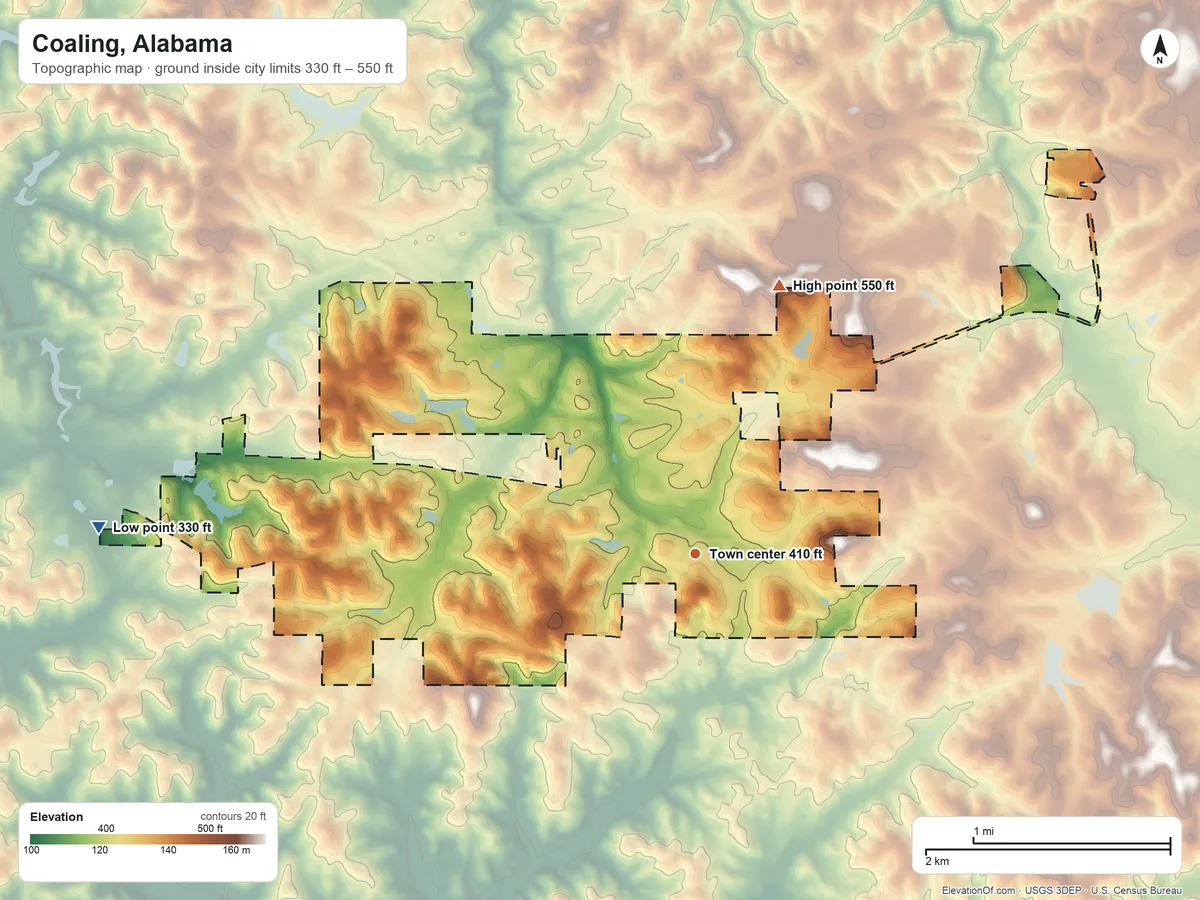 Topographic elevation map of Coaling, Alabama, shaded from 330 ft on the west side to 550 ft on the north side