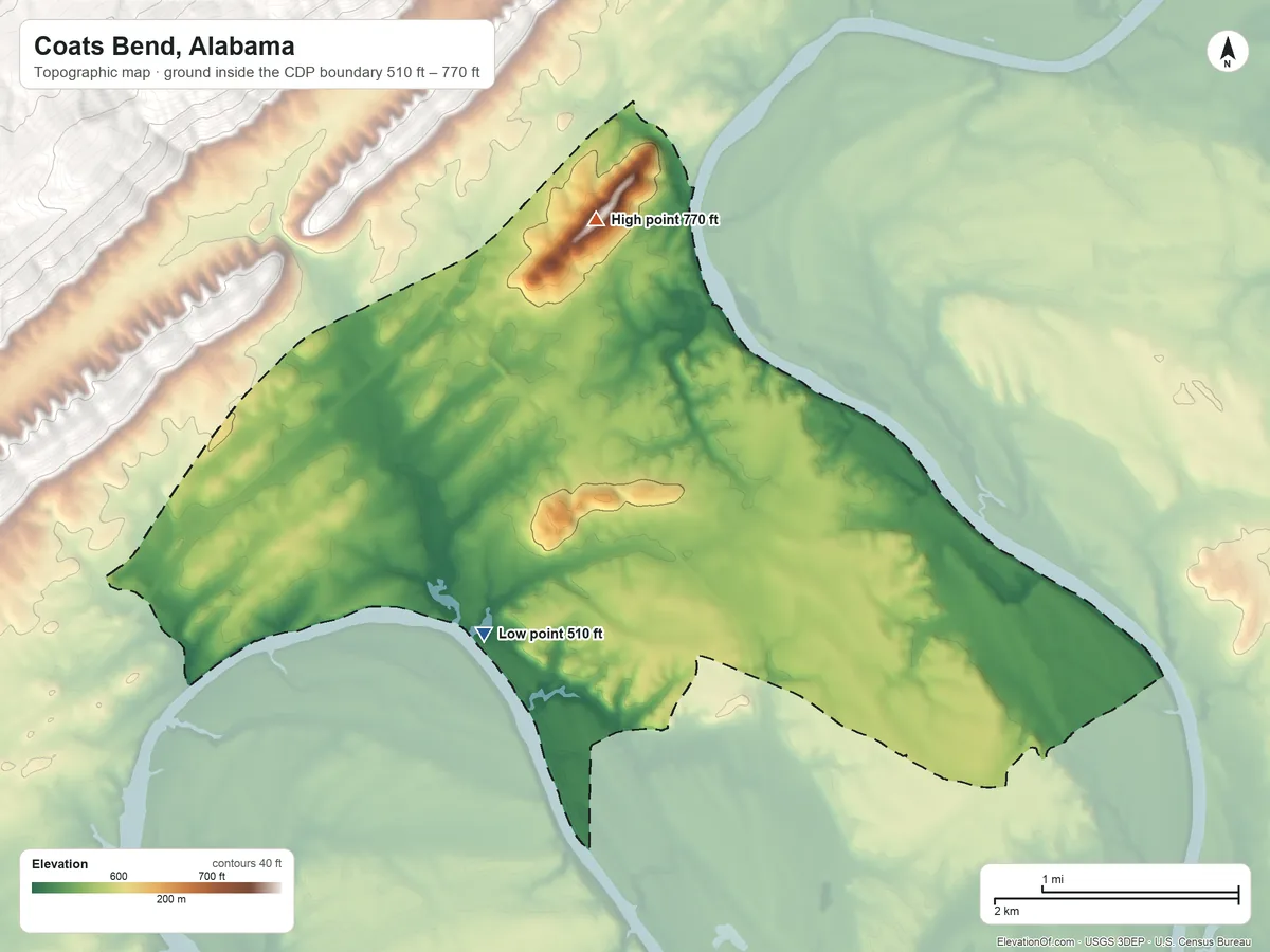 Topographic elevation map of Coats Bend, Alabama, shaded from 510 ft on the southwest side to 770 ft on the north edge, below higher ground just outside