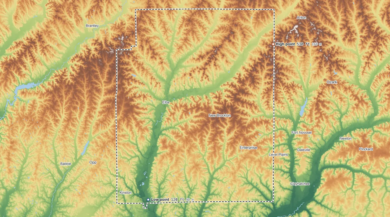 Topographic elevation map of Coffee County, Alabama, shaded from 120 ft on the southwest side to 530 ft on the northeast side