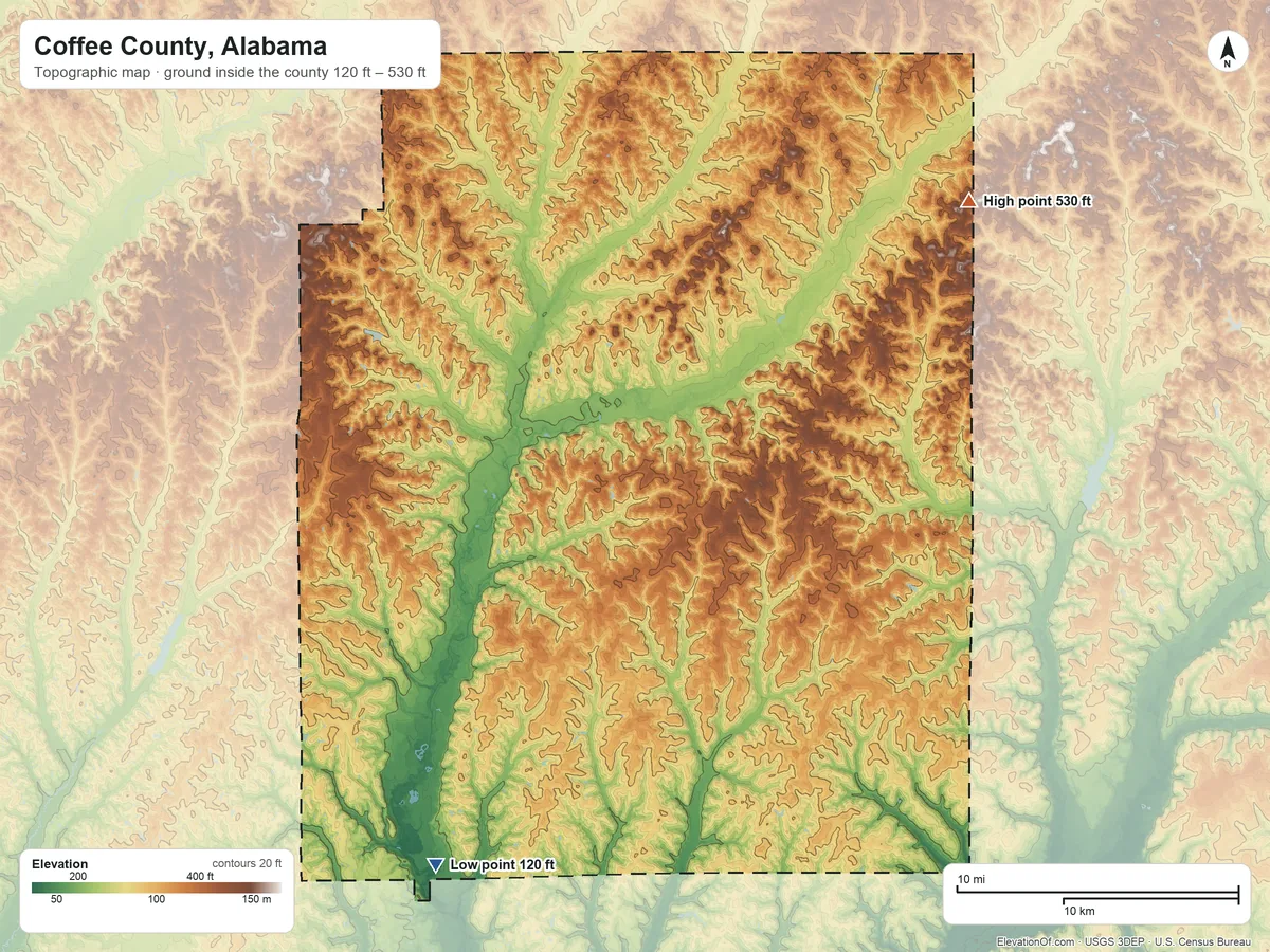 Topographic elevation map of Coffee County, Alabama, shaded from 120 ft on the southwest side to 530 ft on the northeast side