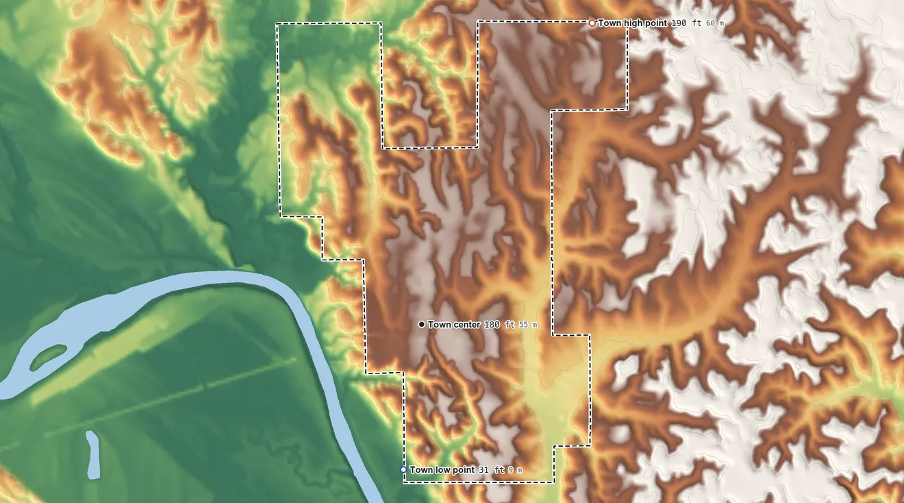 Topographic elevation map of Coffeeville, Alabama, shaded from 31 ft on the south side to 190 ft on the northeast side
