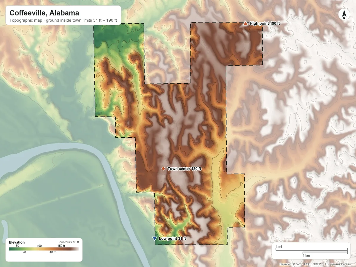 Topographic elevation map of Coffeeville, Alabama, shaded from 31 ft on the south side to 190 ft on the northeast side