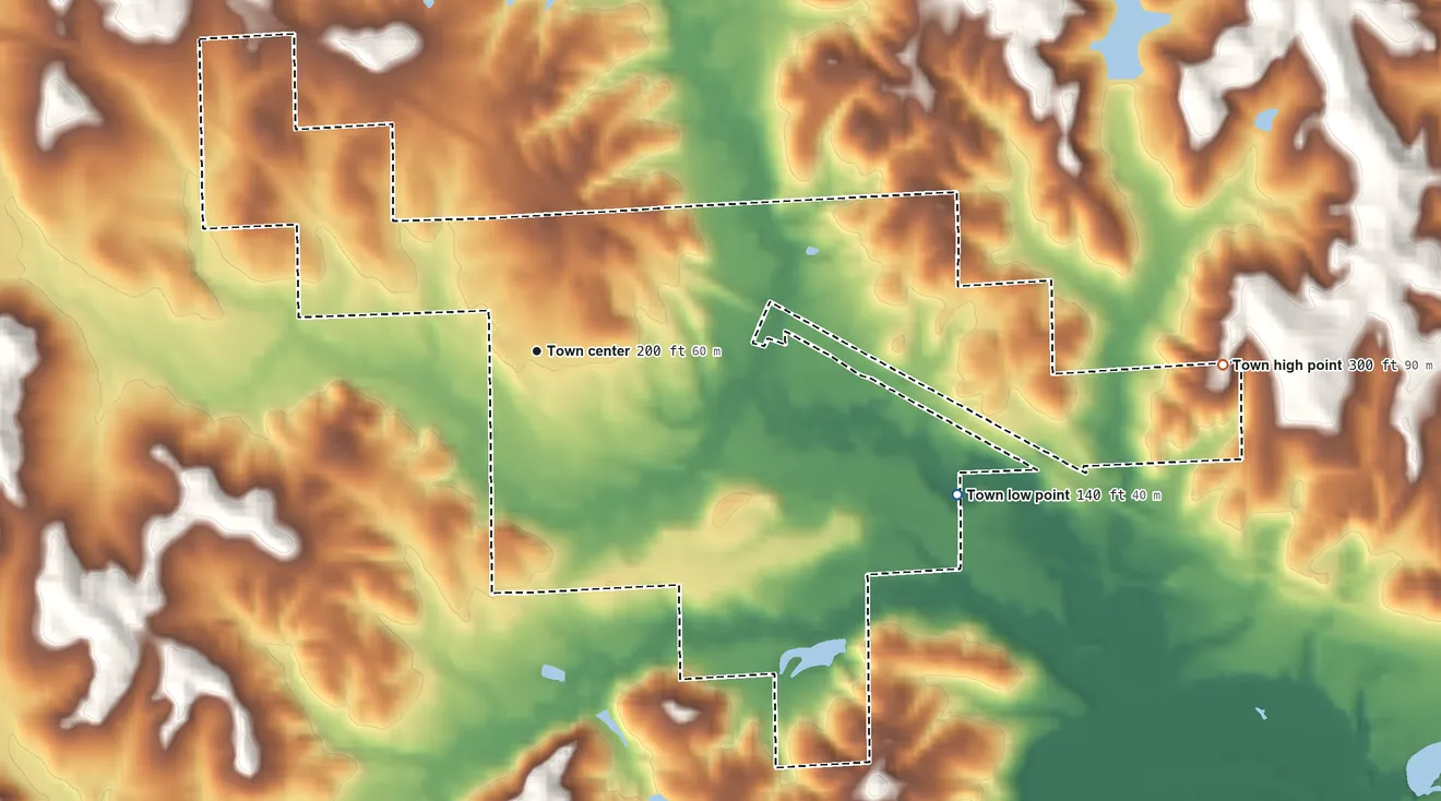 Topographic elevation map of Coker, Alabama, shaded from 140 ft on the east side to 300 ft on the east side