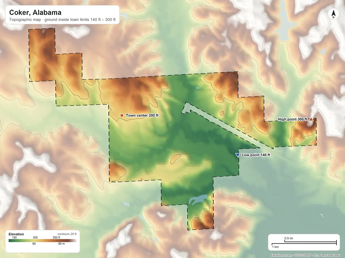 Topographic elevation map of Coker, Alabama, shaded from 140 ft on the east side to 300 ft on the east side