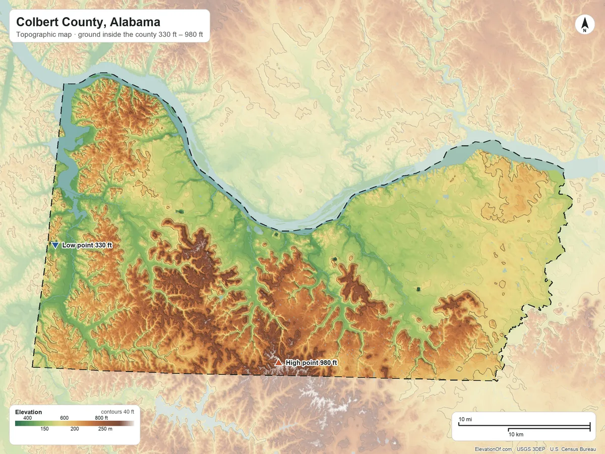 Topographic elevation map of Colbert County, Alabama, shaded from 330 ft on the west side to 980 ft on the south side